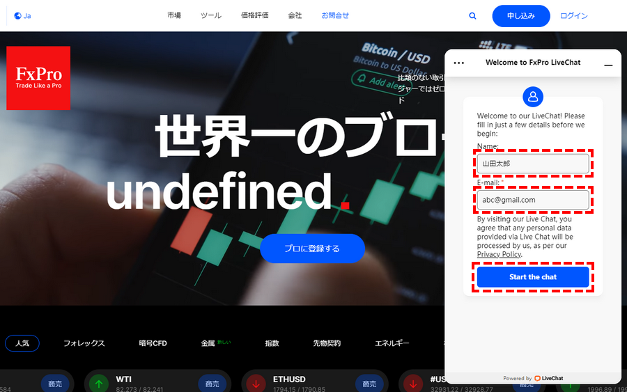 FxPro_サポート方法_個人情報の入力_パソコン画面