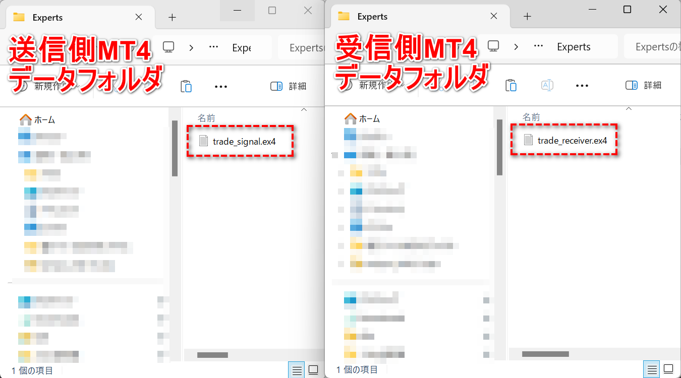 送信側/受信側MT4のデータフォルダへコピトレ受信EAを追加した図